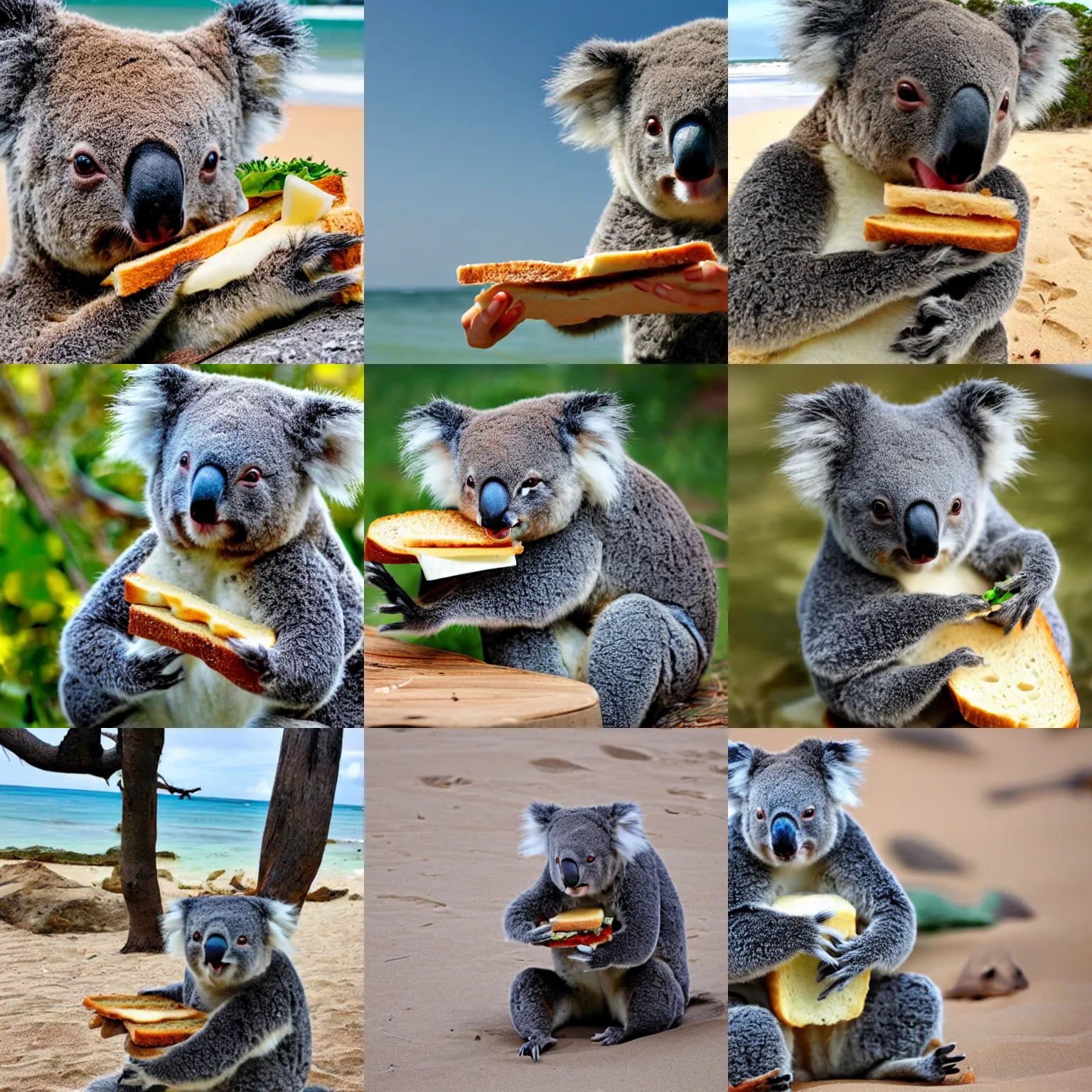 Prompt: a koala eating a sandwich on a beach