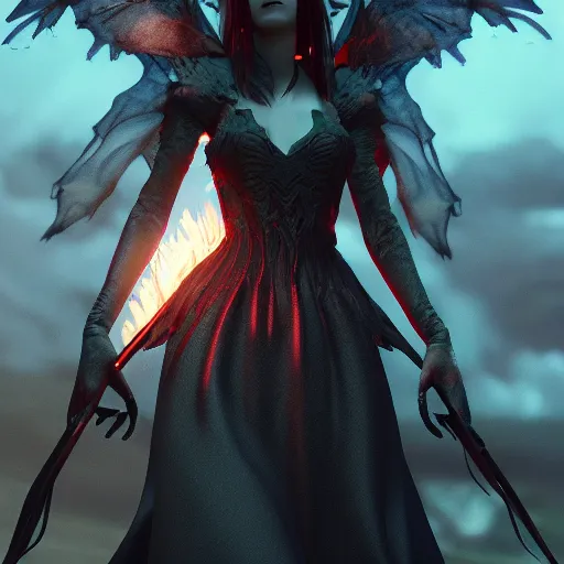 Image similar to young vampire princess witch summons with burning wings 4 k high definition dramatic lighting artstation trending path traced contrast light and dark cinematic breathtaking by dore, gustave