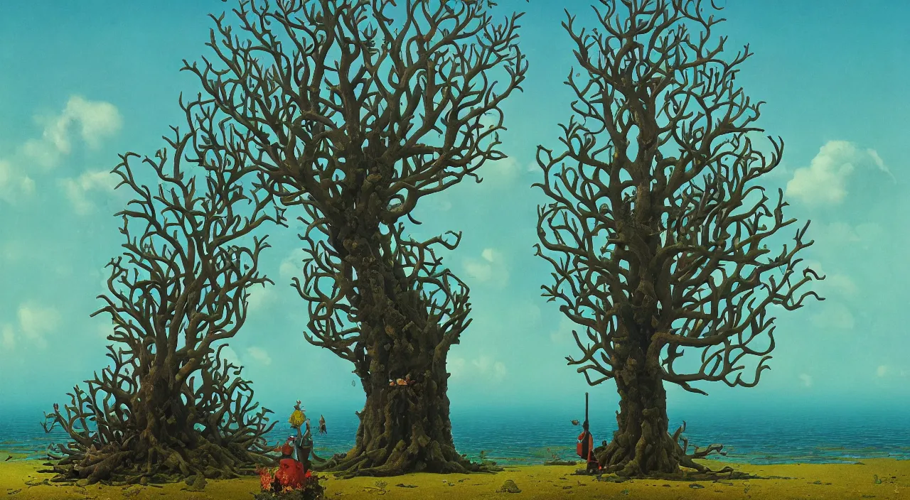 Image similar to single flooded coral tentacle tree tower, very coherent and colorful high contrast!! masterpiece by rene magritte simon stalenhag carl spitzweg syd mead norman rockwell edward hopper james gilleard, minimalist, dark shadows, sunny day, hard lighting