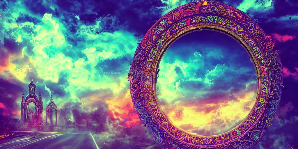 Prompt: [ palate ] [ nebulous energy ] [ muted neon colors ] intricate giant gothic style portal to purgatory with vibrant paisley cloud pattern, god at the gate, award winning composition, vibrant neon nebulous clouds, symmetrical details, hyper realistic illustration, radiant light rays, photorealistic illustration, intricate and fine details, volumetric lighting,