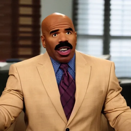 Prompt: a screen still of steve harvey playing dwight in the office