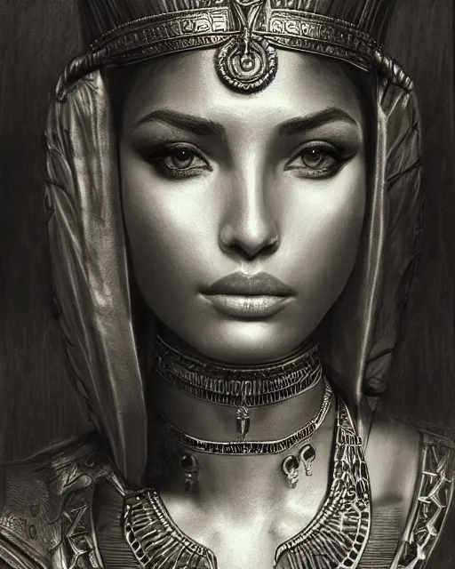 Image similar to pencil drawing of beautiful cleopatra, hyper realistic face, in the style of greg rutkowski, fantasy, amazing detail, epic, elegant, smooth, sharp focus, from the front