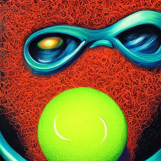 Image similar to a tennis ball monster ,tennis ball, tennis racket, colorful, digital art, fantasy, magic, trending on artstation, ultra detailed, professional illustration by Basil Gogos