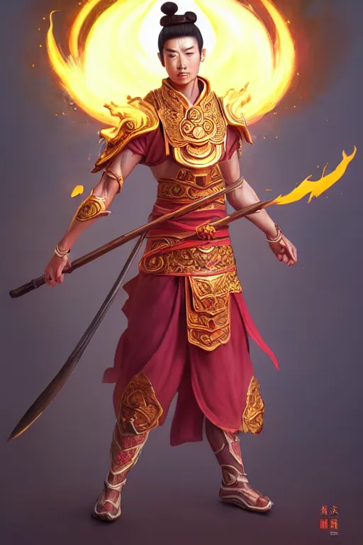 Image similar to handsome nezha, highly detailed, man holding spear, flame everywhere, epic pose, masterpiece chinese fantasy character portrait, highly detailed, digital painting, trending on artstation, concept art, sharp focus, illustration, global illumination, ray tracing, realistic shaded, art by artgerm and greg rutkowski and fuji choko and viktoria gavrilenko and hoang lap