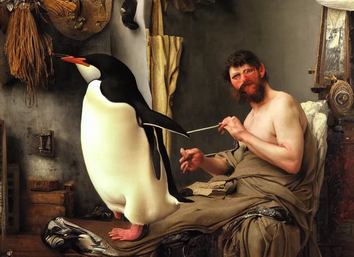 Image similar to an exhausted painter in his studio painting a picture of a penguin, by edgar maxence and caravaggio and michael whelan and delacroix style, artistic, intricate drawing, cinematic lighting, hyper realistic, extremely detailed, establishing shot, 8 k resolution, dramatic lighting