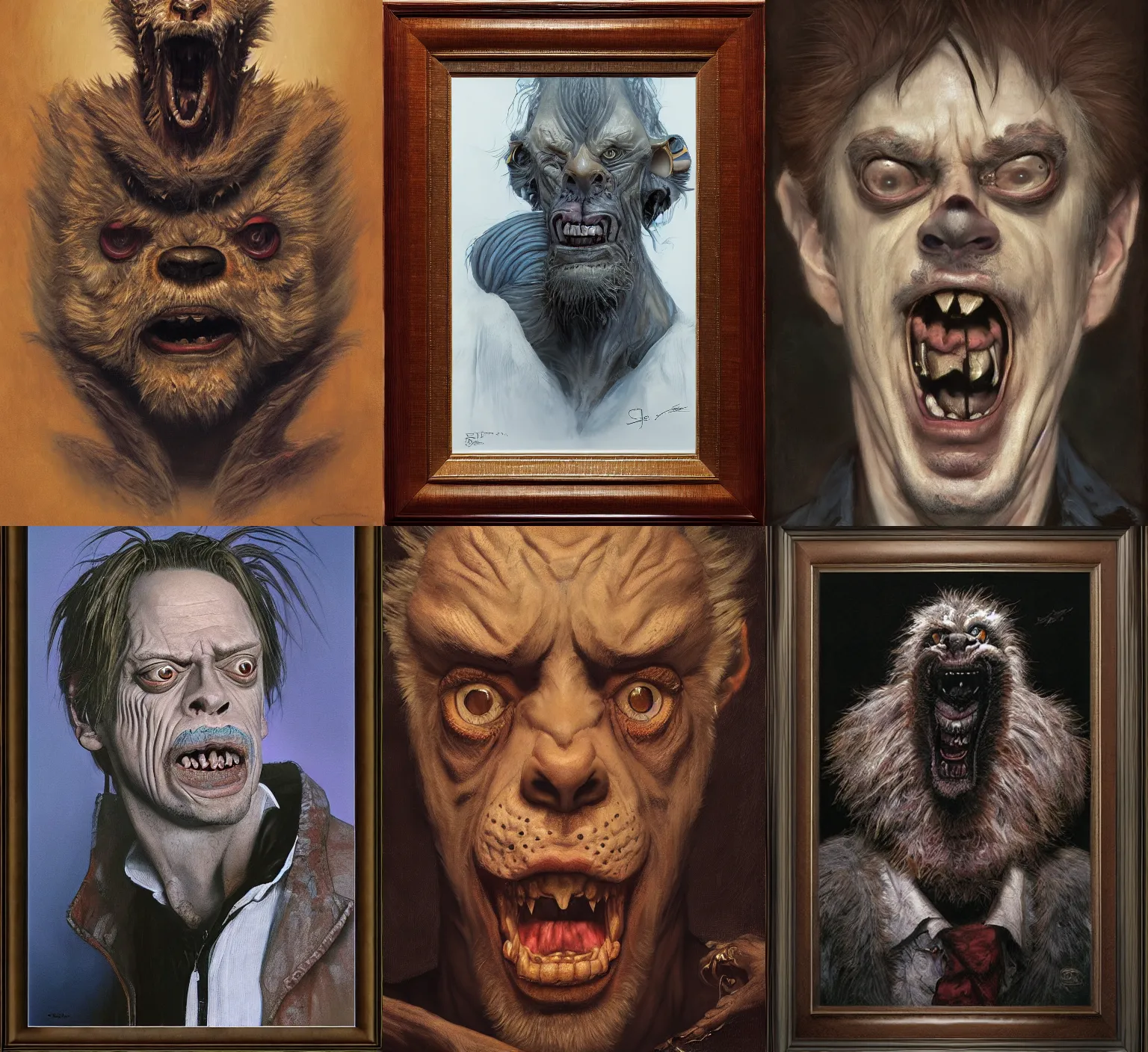Prompt: a portrait of steve buscemi asfurry monster by Gerald Brom , Craig mullins r, dutch angle, Framed, 8k