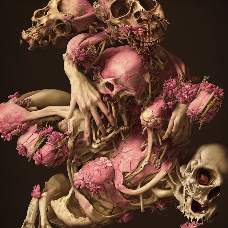 Image similar to still life of rotten flesh, beautiful pastel flowers, human spine, colorful mold, baroque painting, beautiful detailed intricate insanely detailed octane render, 8K artistic photography, photorealistic, chiaroscuro, Raphael, Caravaggio