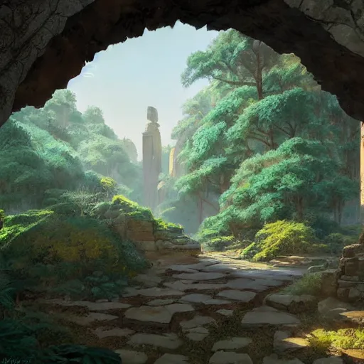 Image similar to concept art painting of an ornate ancient stone archway, in the woods, realistic, detailed, cel shaded, in the style of makoto shinkai and greg rutkowski and james gurney