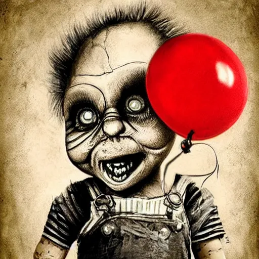 Image similar to surrealism grunge cartoon portrait sketch of chucky with a wide smile and a red balloon by - michael karcz, loony toons style, mad max style, horror theme, detailed, elegant, intricate