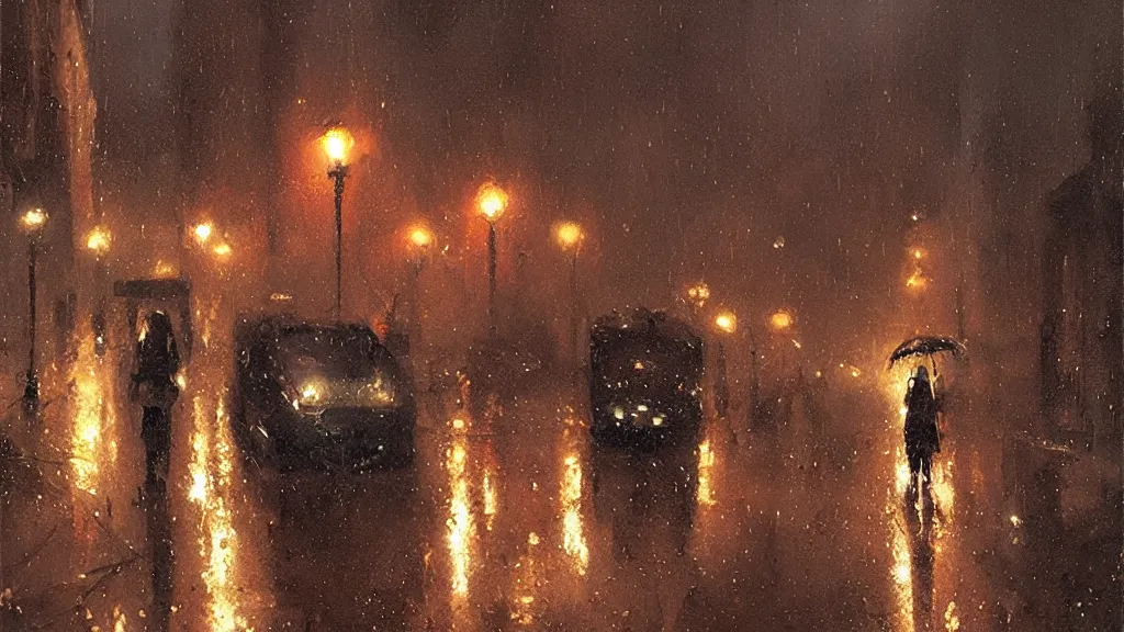 Prompt: rainy night in paris, greg rutkowski