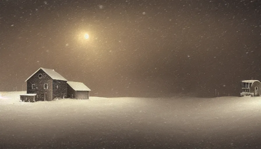 Image similar to Dark, Snowy Landscape with Blizzard! in a snowstorm!, a lonely, small shack in the distance with dim orange lights in the windows, snowstorm, digital art, highly detailed, blizzard, 4k