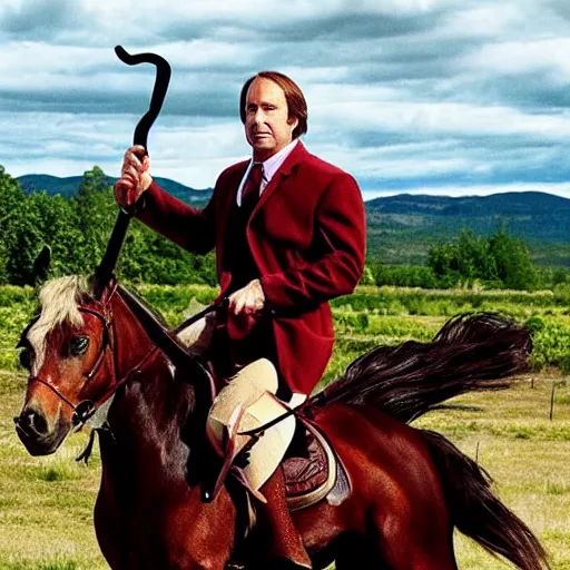 Prompt: saul goodman riding a horse while holding a sword, photograph, high rated, realistic, award winning