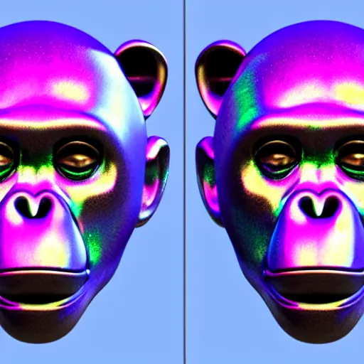 Image similar to 3d render of holographic chimpanzee robotic head made of glossy iridescent, surrealistic 3d illustration of a chimpanzee face non-binary, non binary model, 3d model ape, cryengine, made of holographic texture, holographic material, holographic rainbow, concept of cyborg and artificial intelligence