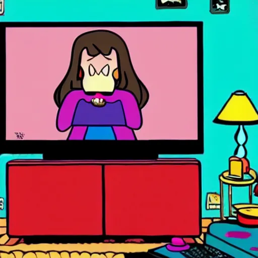 Image similar to A tv that has Mabel Pines!!!!!!! from Gravity falls tv show eating a donut on the tv