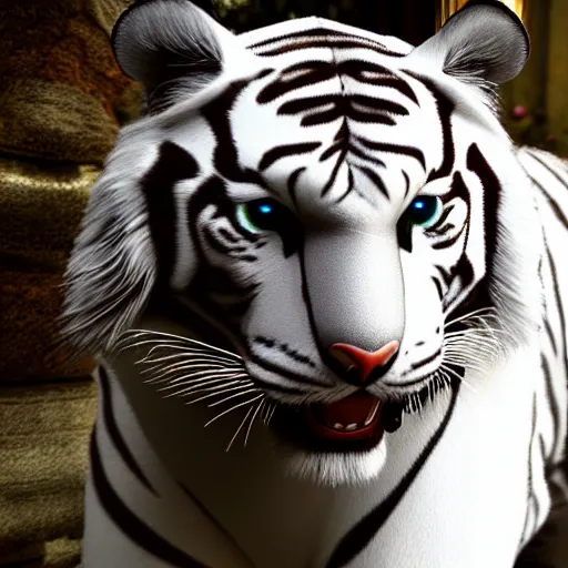 Image similar to a white tiger made of mechanical parts. Extremely detailed, hyperrealistic, unreal engine, Disney, 8k, geometric