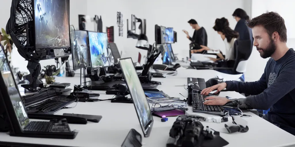 Image similar to stunning photo of a visual effects artis with multiple arms and very long fingers typing on their computer keyboard while working on a scifi movie, real photo, very impressive, toys ont eh desk