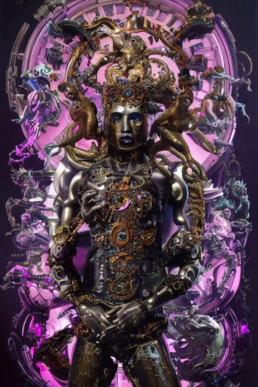 Prompt: full-body rococo and cyberpunk style sculpture of a young seductive Latino prince half android with a chest exposing circuitry, glowing pink seductive laser eyes, crown of blue gears and diamonds, swirling salmon-colored silk fabric, robotic raptors dinosaurs. baroque elements. full-length view. intricate artwork by caravaggio. art by Artgerm and Greg Rutkowski and Alphonse Mucha, Trending on artstation, cinematic industrial lighting, hyper realism, octane render, 8k, depth of field, 3D