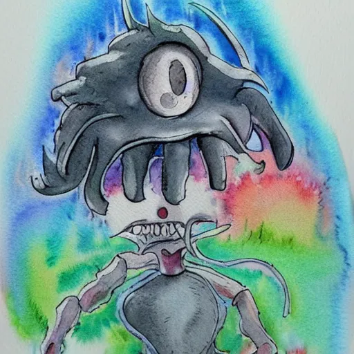 Image similar to whimsical silly watercolor painting of a terrifying demon, in the style of studio ghibli