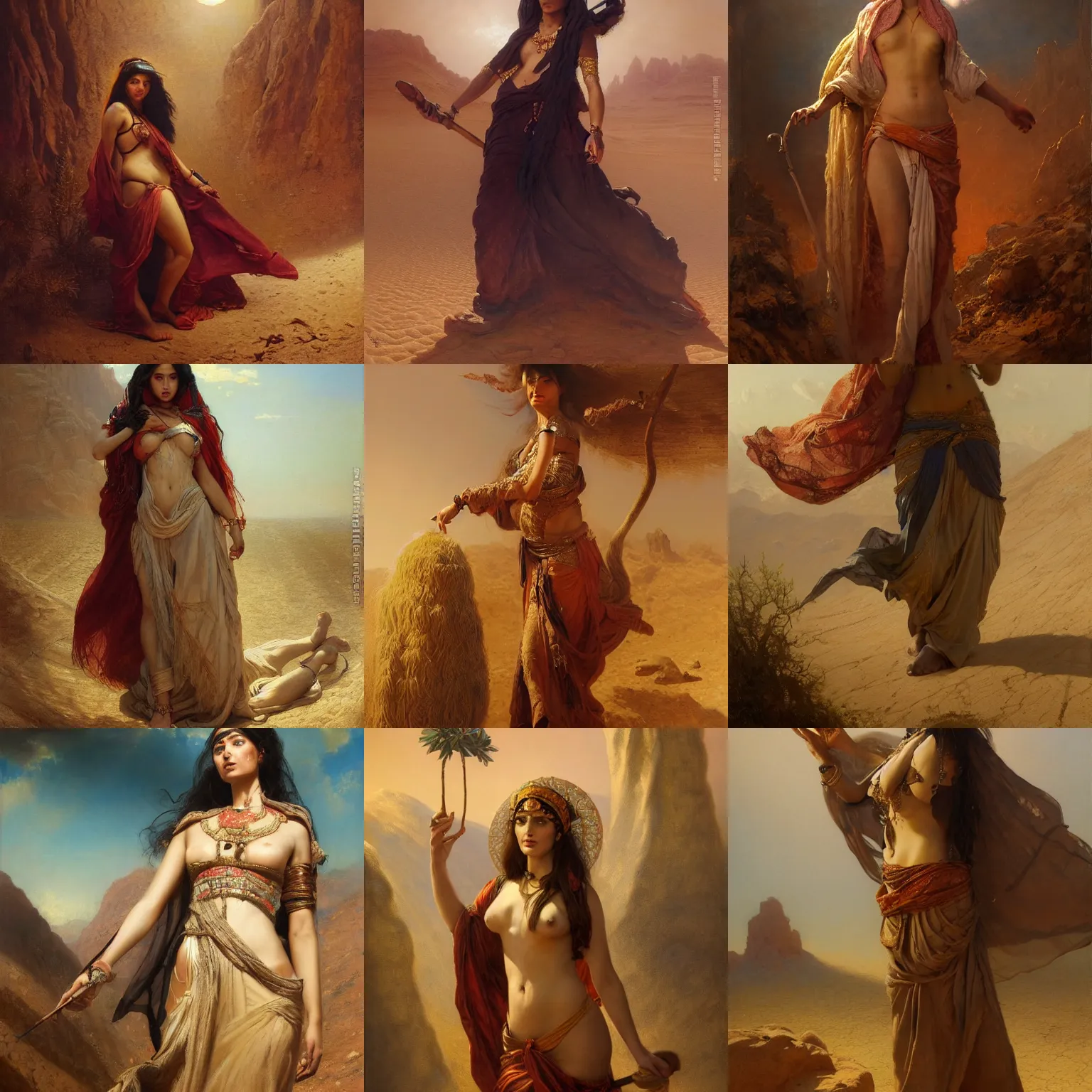 Prompt: orientalism painting of a sorceress standing in the desert by theodore ralli and nasreddine dinet and bastien lecouffe deharme and nikolay makovsky, oil on canvas, masterful intricate artwork, excellent lighting, high detail 8 k