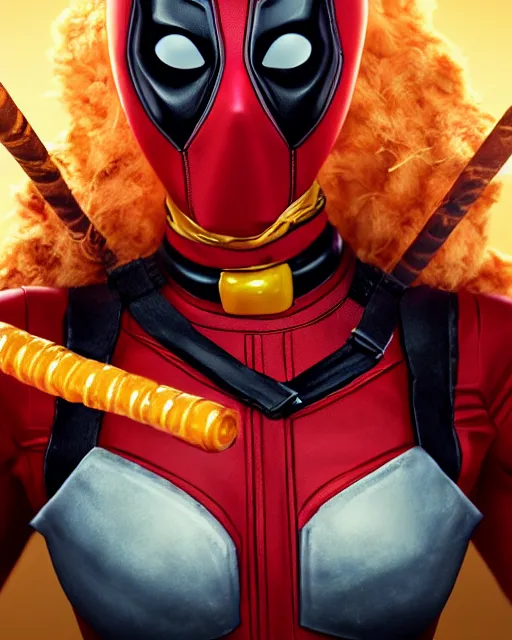 Image similar to beautiful deadpool as honey, made of honey, wearing honey - themed miniskirt, award winning creature portrait photography, extremely detailed, artstation, 8 k, sensual lighting, incredible art, wlop, artgerm, backlit, rim lighting, hi - fructose