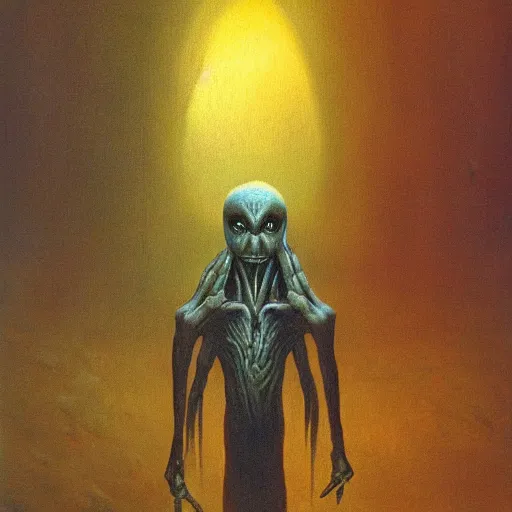 Image similar to a demonic angry alien with long fingers at the foot of the bed, beksinski, dariusz zawadzki