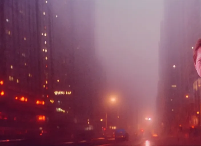 Image similar to film footage of giant michael j. fox in a foggy city, eerie, monster movie, 8 k, 8 5 mm