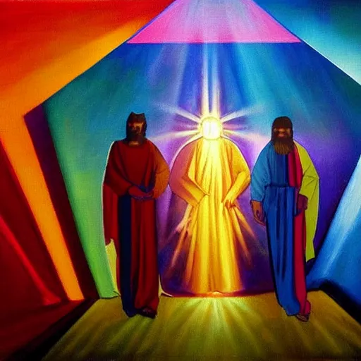 Prompt: a modern painting with christ, evil and badness attack him from the left, but from christ's right emerges light and life. like a prism with light passing through it left to right.