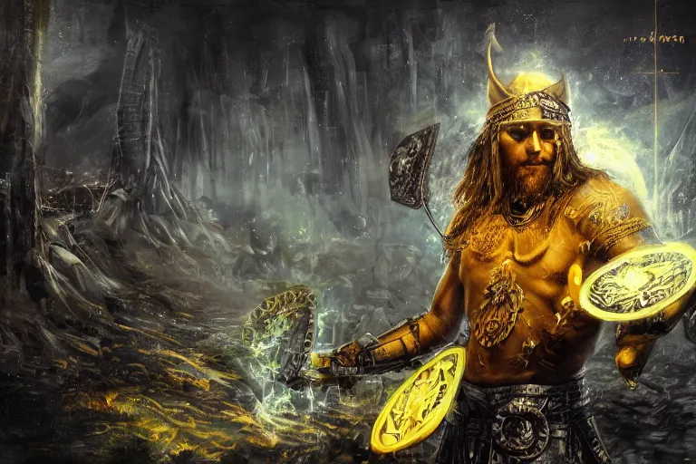 Image similar to mythological warrior viking Shaman of artificial intelligence creating an artificial neural network with yellow synapses on an anvil, dark mystical valhalla in the background, high resolution, award winning art, trending on art station, sharp image, incredibly detailed, detailed character realistic painting,