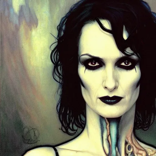 Image similar to portrait of winona ryder as death from sandman, gentle smile, by cedric peyravernay, boris vallejo, alphonse mucha, by jeremy mann, by lecouffe deharme, goth chic, soft lightning, eyeliner, punk rock, high detailed, 8 k, hyperrealism, donato giancola, joseph christian leyendecker, illustration, artgerm