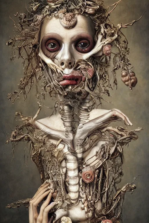 Image similar to Detailed maximalist portrait of a greek god with large lips and eyes, scared expression, botanical skeletal with extra flesh, HD mixed media, 3D collage, highly detailed and intricate, surreal illustration in the style of Jenny Saville, dark art, baroque, centred in image