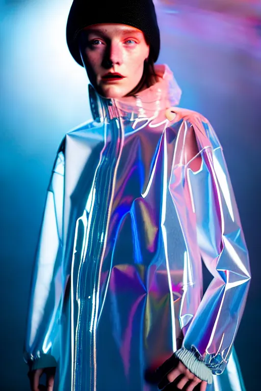 Image similar to an ultra high definition professional high fashion portrait studio full length photograph of a model wearing a transparent pearlescent raincoat and neon visor in an icelandic black rock environment at dawn. no artefacts. extremely detailed. stark. refraction. shallow depth of field. volumetric light and shadow. ray tracing. light rays.