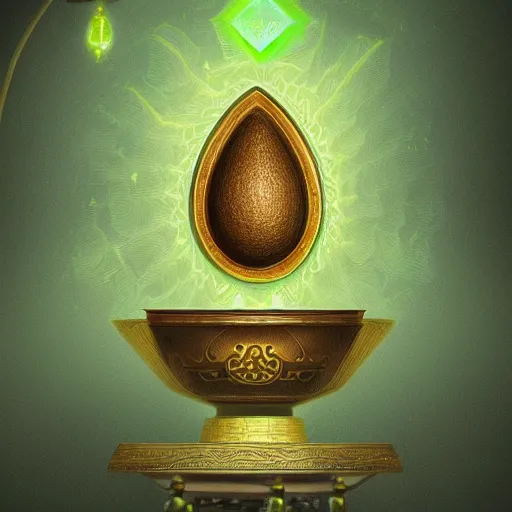 Image similar to a green avocado armchair in the center of golden ancient temple, illuminated by narrow light beam , fantasy illustration, trending on artstation, deviantart, very realistic, 4k