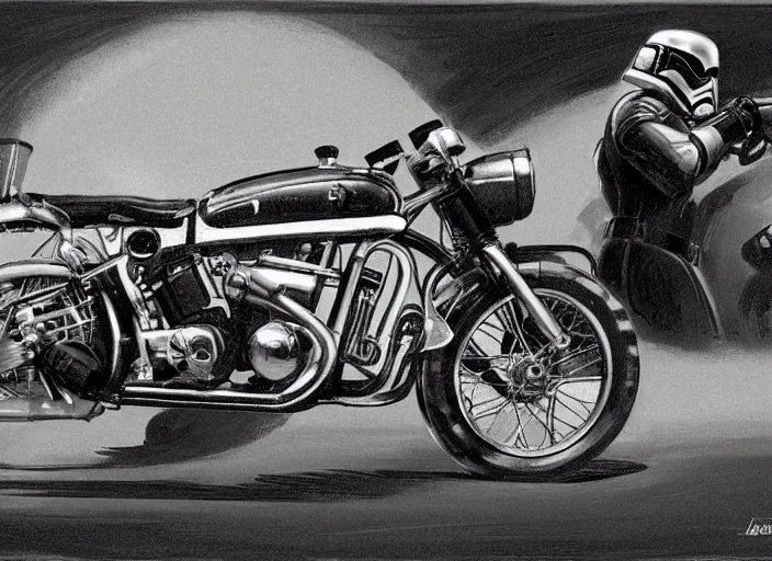 Prompt: 1 9 5 0 s scrambler, 1 9 6 0 s cafe racer. classic ralph mcquarrie star wars concept art. technical illustration. style ralph mcquarrie, star wars