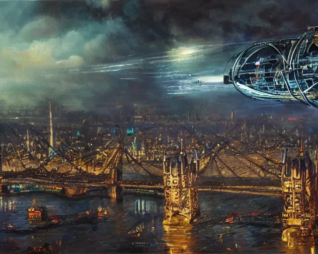 Prompt: oil painting of a big steampunk zeppelin over cyberpunk london, futuristic watchtower, view from far away, dark vibes, very serous painting, majestice masterpiece, tonalism