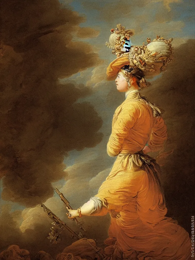 Prompt: portrait of a lonely female soldier floating in the air, wearing a crown, by jean honore fragonard