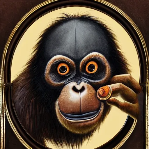 Image similar to framed portrait painting of an anthropomorphized orangutan, wearing a monocle and a small bowler hat, oversized mustache. dark outlining style. highly detailed. style of chuck u
