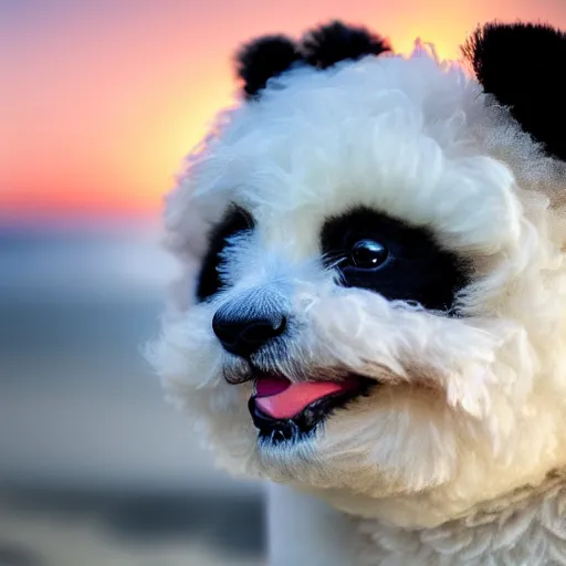 Image similar to a closeup photorealistic photograph of panda themed white bichon frise smiling on the beach at sunset. This 4K HD image is Trending on Artstation, featured on Behance, well-rendered, extra crisp, features intricate detail and the style of Unreal Engine.