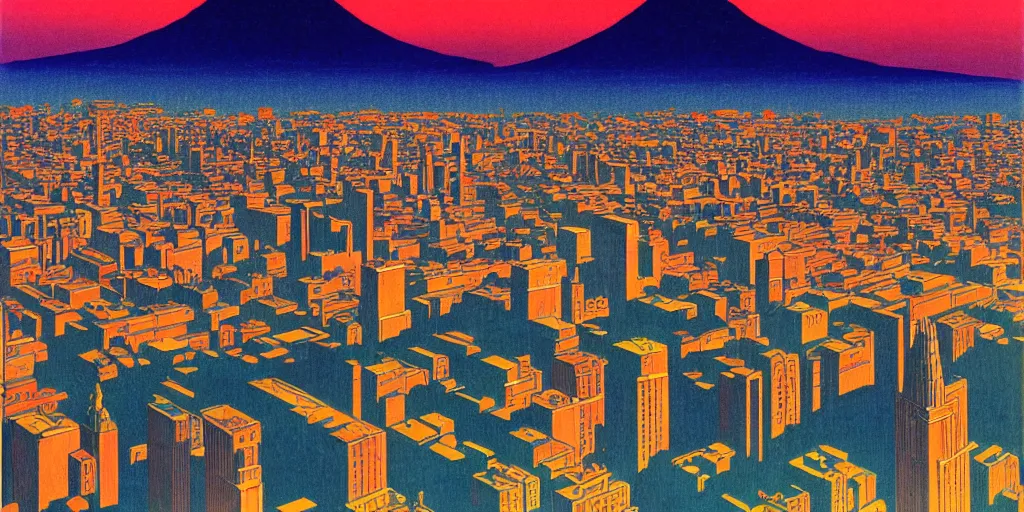 Image similar to skyline of a large metropolis, mount rainier looming in the background, acid and dreaming psychedelic hallucinations, by kawase hasui, moebius and edward hopper, hd, 8 k, artstation, sharp focus, smooth, masterpiece