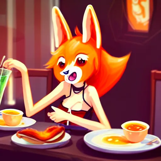 Prompt: a cute anthropomorphic maned wolf girl having a bacon and eggs breakfast at the quiet and cheery local place. league of legends splash art