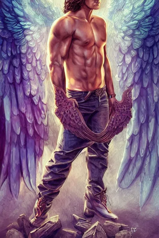 Image similar to handsome Sam Winchester as a muscular angel wings wide open whole body tattooed with runes and religious symbols, urban fantasy romance book cover, D&D!, fantasy style, sharp focus!, ultra detailed, art by Artgerm and Peter Andrew Jones, WLUP