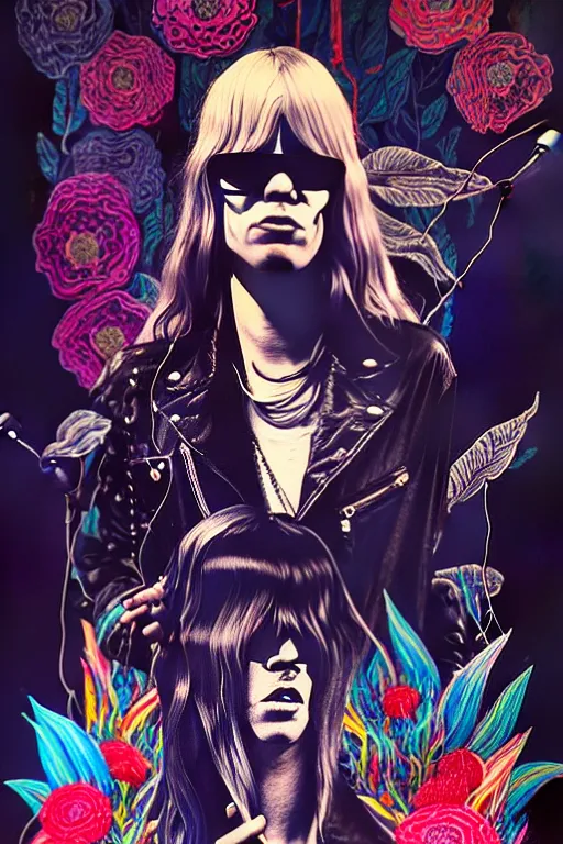 Image similar to the velvet underground and nico playing live on stage at a night club, beautiful stage decoration with flowers in the background, painting by james jean, very detailed and colorful and toned down and ornamental and moody and cool and relaxed and high on drugs, trending on artstation, behance contest winner