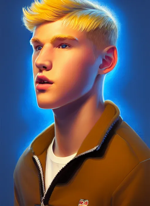 Image similar to portrait of high school senior boy named big moose, blonde short hair, jock, beefy, wide face, square jaw, square facial structure, blue varsity jacket with letter r, intricate, elegant, glowing lights, highly detailed, digital painting, artstation, concept art, sharp focus, illustration, art by wlop, mars ravelo and greg rutkowski