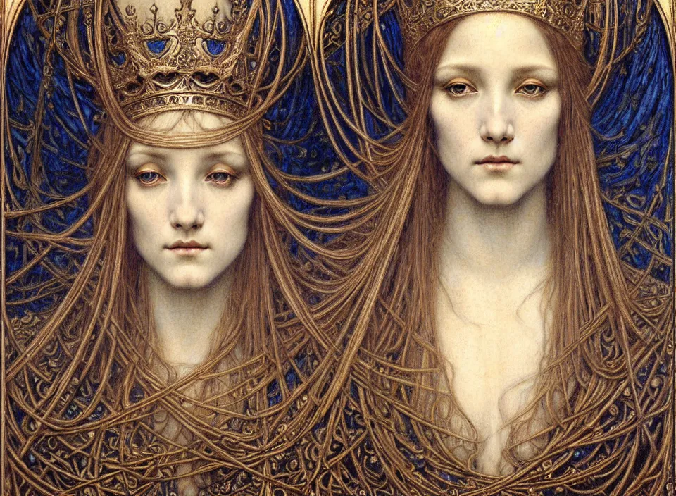 Image similar to detailed realistic beautiful young medieval queen face portrait by jean delville, gustave dore and marco mazzoni, art nouveau, symbolist, visionary, gothic, pre - raphaelite. horizontal symmetry