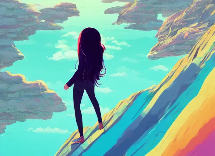 Image similar to a beautiful young woman with rainbow hair standing on a clifftop. clean cel shaded vector art. shutterstock. behance hd by lois van baarle, artgerm, helen huang, by makoto shinkai and ilya kuvshinov, rossdraws, illustration, art by ilya kuvshinov