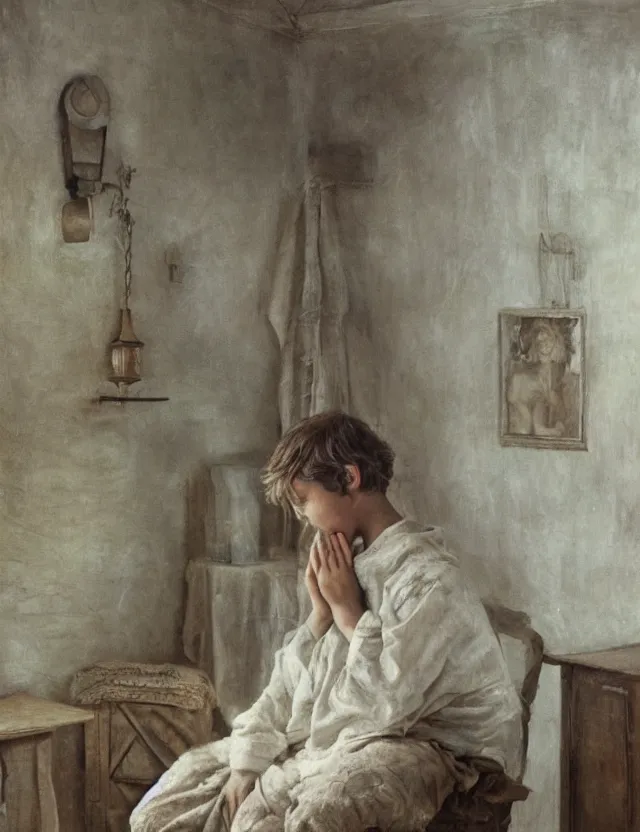 Image similar to peasant boy praying in country house, cottage core, cinematic focus, polaroid photo bleached vintage pastel colors high - key lighting, soft lights, foggy, by steve hanks, by lisa yuskavage, by serov valentin, by tarkovsky, detailed, oil on canvas