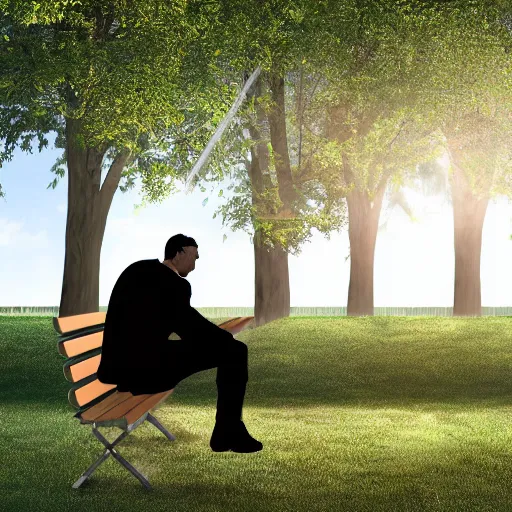 Prompt: A businessman is sitting on a bench eating lunch in a park. Behind him is a tall ladder looming over him, shadows, realistic, 4k