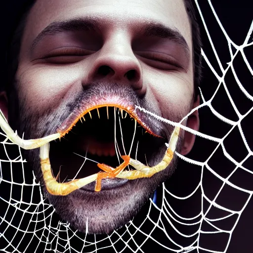 Image similar to photograph of smiling man with spiders inside his mouth, 8k resolution, high detail, ULTRA REALISTIC VFX, reflections