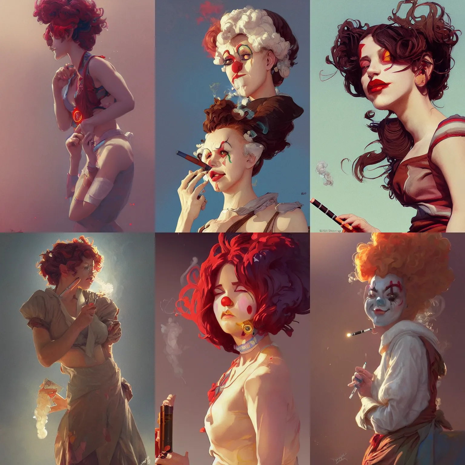 Prompt: clown girl pondering nuclear destruction smoking a cigarette, highly detailed, digital painting, artstation, concept art, smooth, sharp focus, illustration, art by artgerm and greg rutkowski and alphonse mucha and loish and WLOP