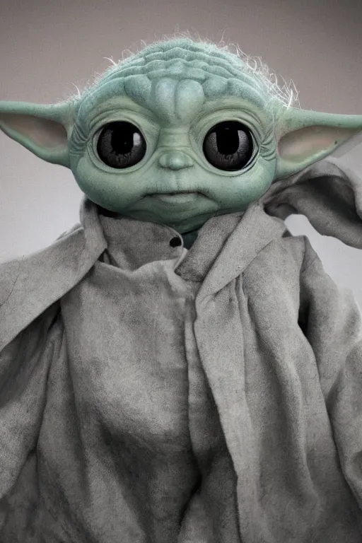 Image similar to Baby Yoda in style of Tim Burton, Tim Burton movie poster style, 35mm, bokeh, big eyes, creepy, zbrush, hyper realistic, Unreal Engine 5, Artstation