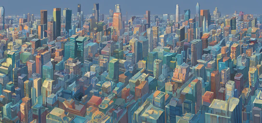 Image similar to visual development los angeles skyline cityscape, by dice tsutsumi, pixar disney dreamworks sony animation, photoshop, the art of books